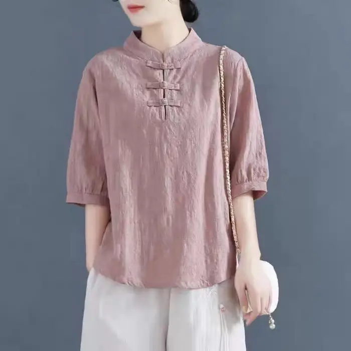 Women Cotton Linen T-Shirt White Three Quarter Sleeve Literary Style - Image 2