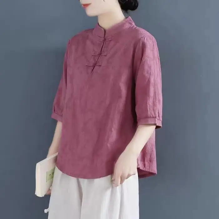 Women Cotton Linen T-Shirt White Three Quarter Sleeve Literary Style - Image 3