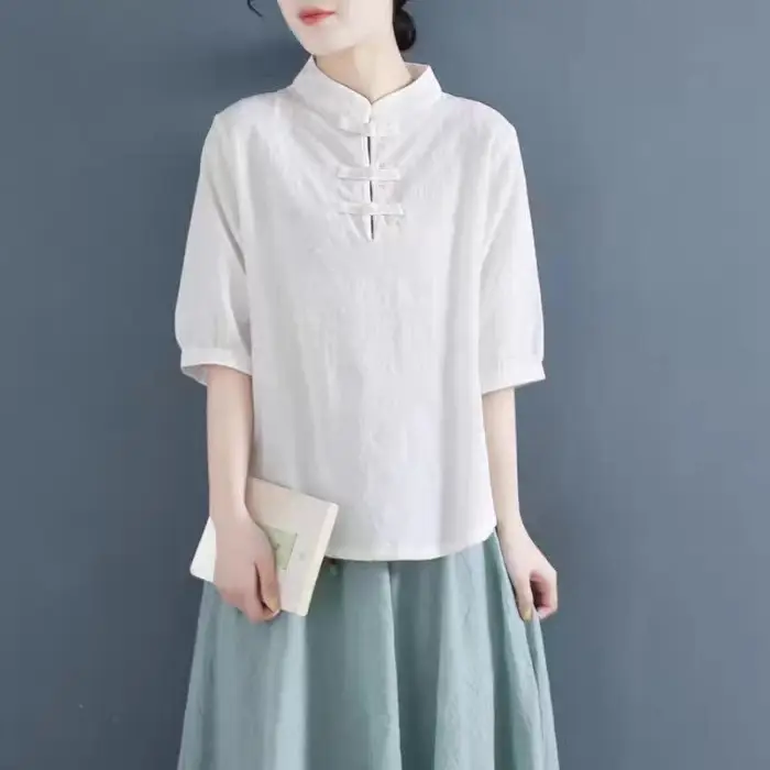 Women Cotton Linen T-Shirt White Three Quarter Sleeve Literary Style - Image 4