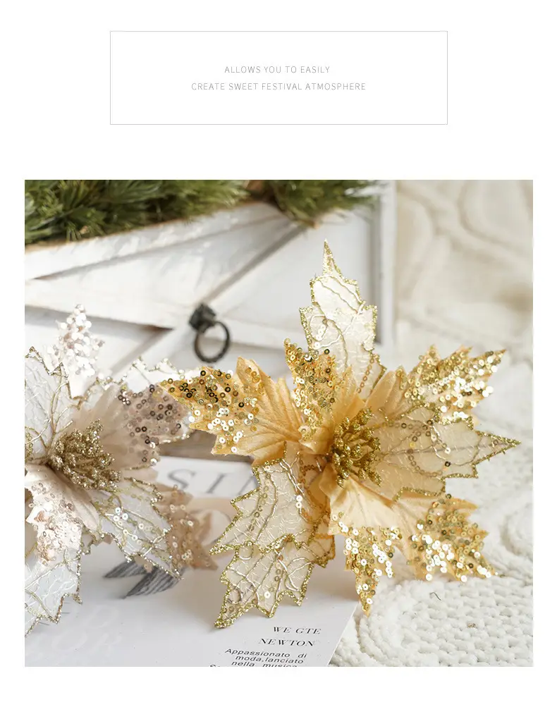 New Christmas Flower Decorations Gold White 3D Simulated — feature 1