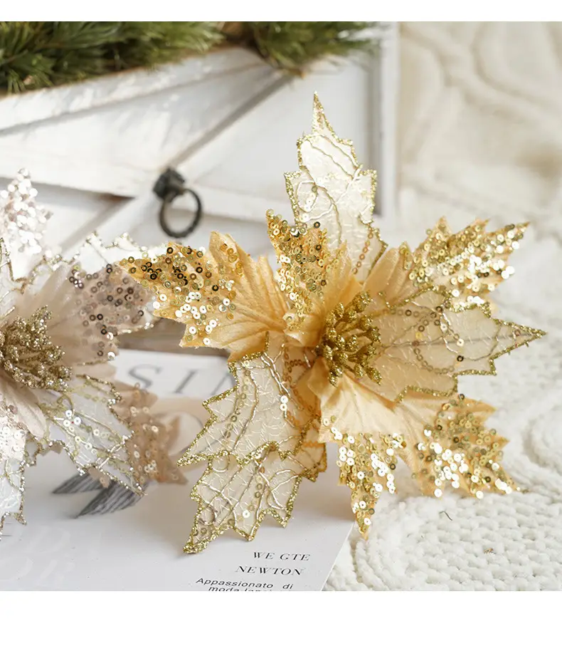 New Christmas Flower Decorations Gold White 3D Simulated — feature 2