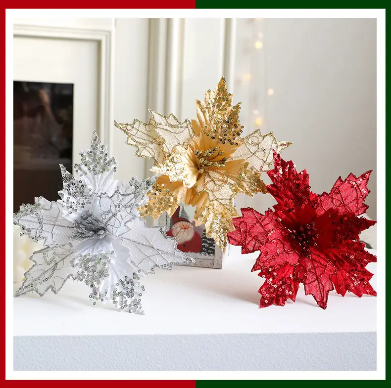 New Christmas Flower Decorations Gold White 3D Simulated — feature 3