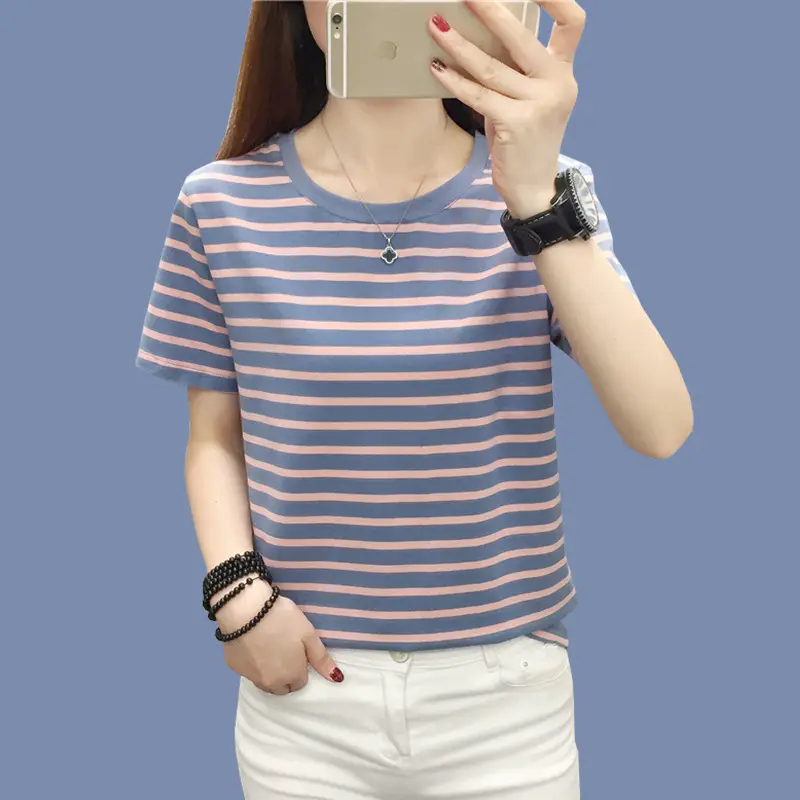 Pure Cotton Striped T-Shirt Blue Light Green Large — feature 15