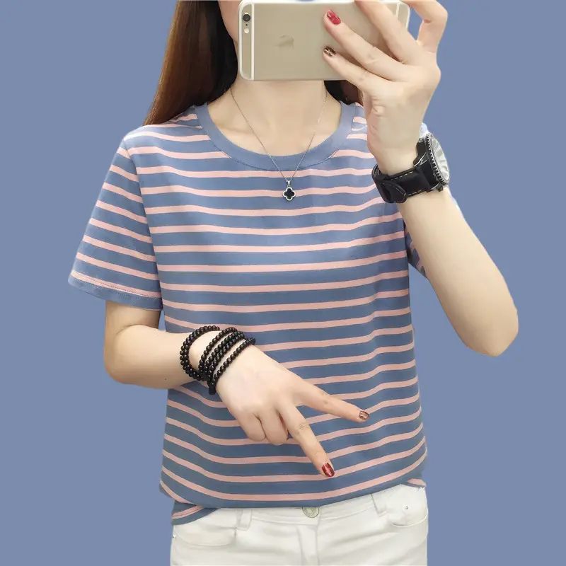 Pure Cotton Striped T-Shirt Blue Light Green Large — feature 16