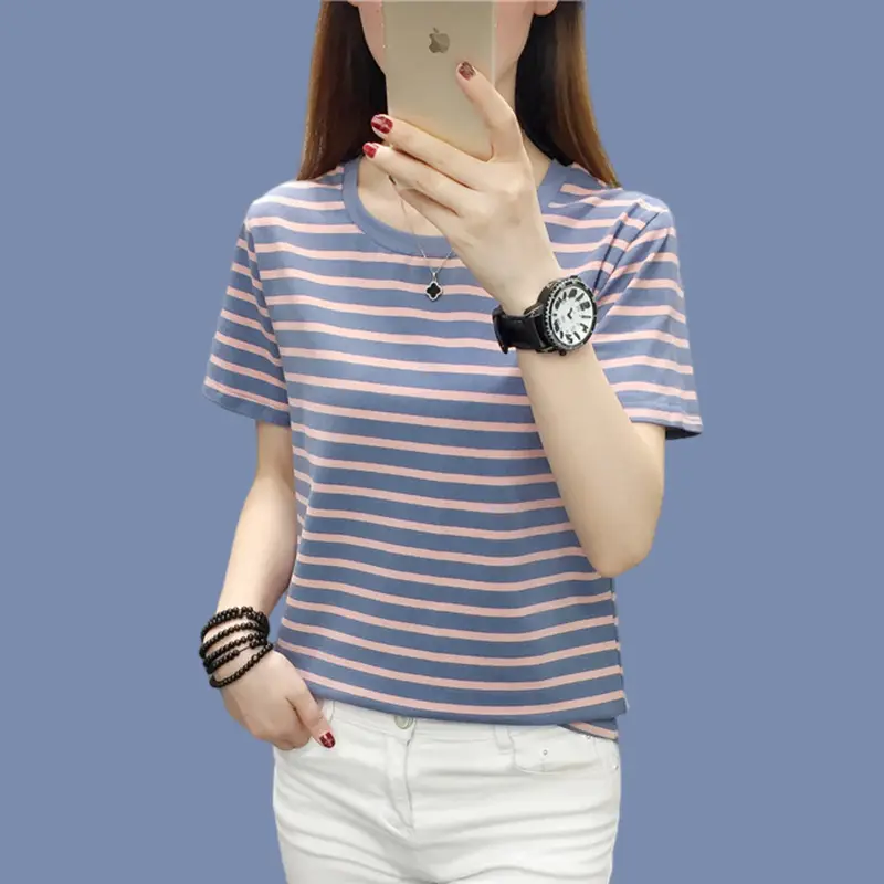 Pure Cotton Striped T-Shirt Blue Light Green Large — feature 17