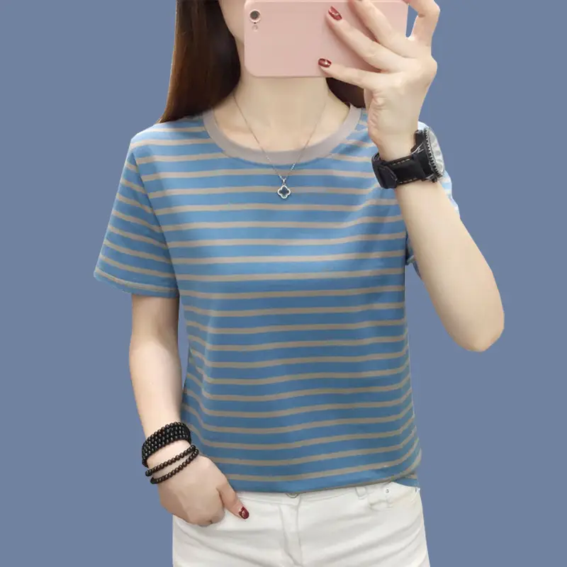 Pure Cotton Striped T-Shirt Blue Light Green Large — feature 2