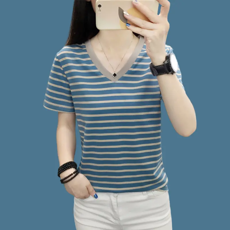 Pure Cotton Striped T-Shirt Blue Light Green Large — feature 23