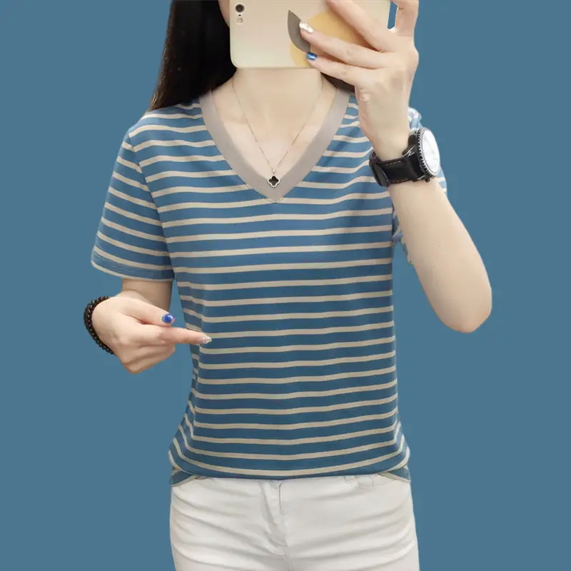 Pure Cotton Striped T-Shirt Blue Light Green Large — feature 24