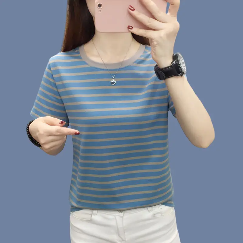 Pure Cotton Striped T-Shirt Blue Light Green Large — feature 3