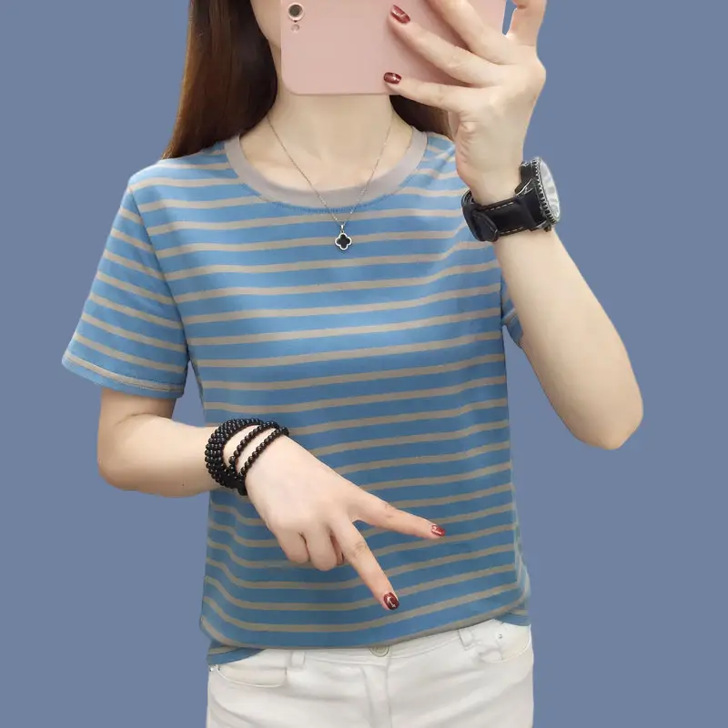 Pure Cotton Striped T-Shirt Blue Light Green Large — feature 4