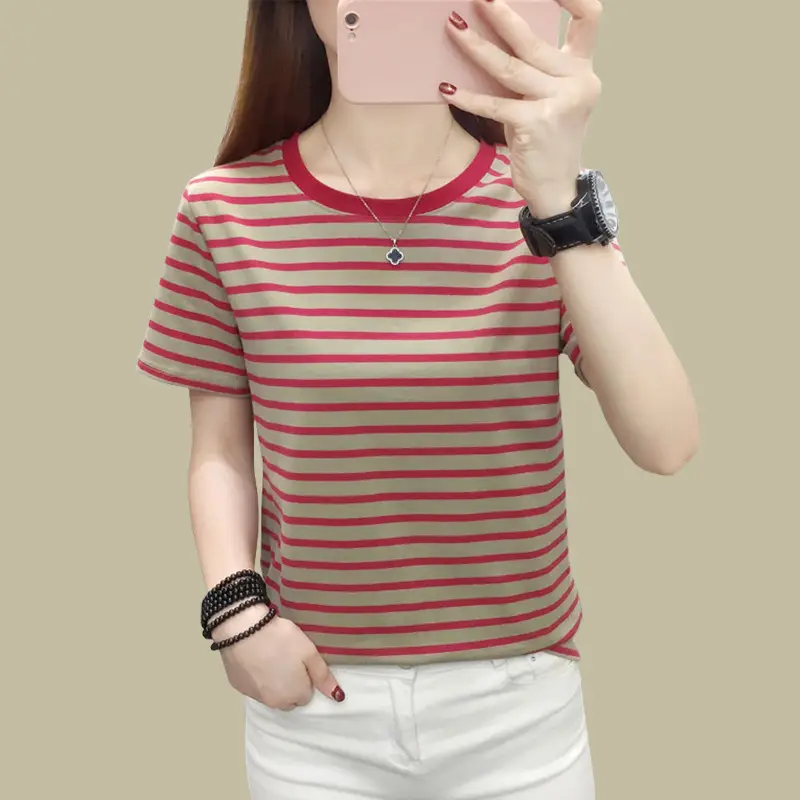 Pure Cotton Striped T-Shirt Blue Light Green Large — feature 6