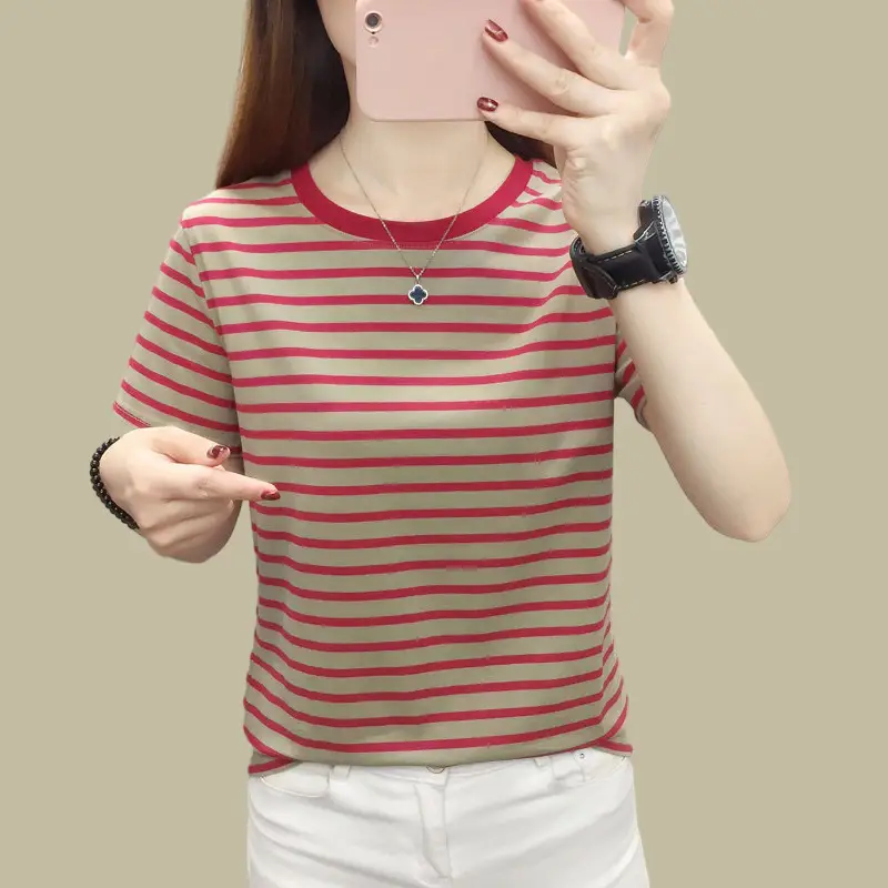 Pure Cotton Striped T-Shirt Blue Light Green Large — feature 7