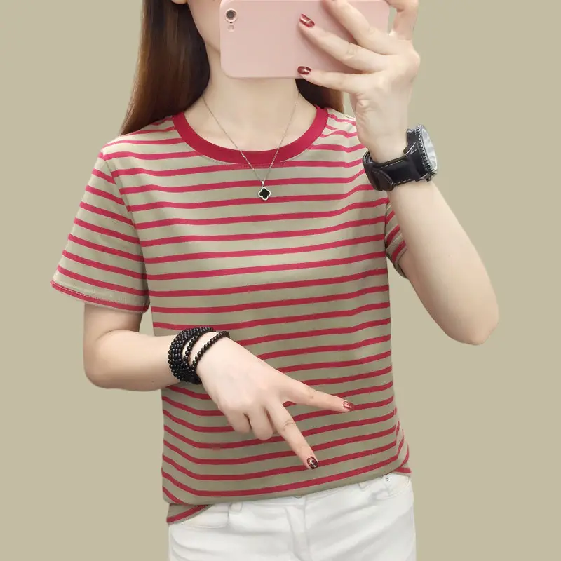 Pure Cotton Striped T-Shirt Blue Light Green Large — feature 8