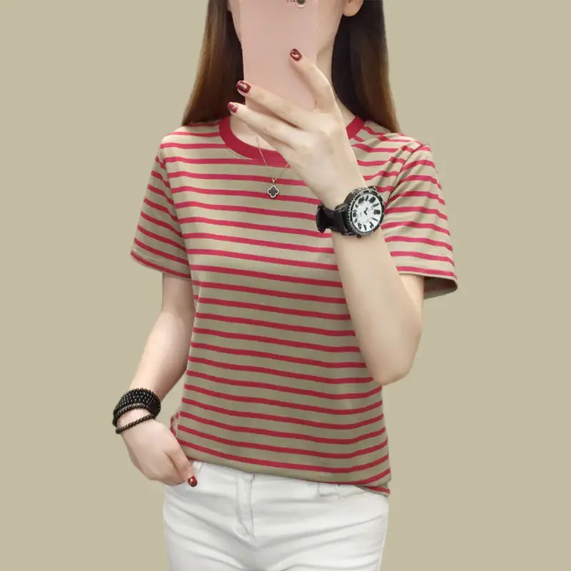 Pure Cotton Striped T-Shirt Blue Light Green Large — feature 9