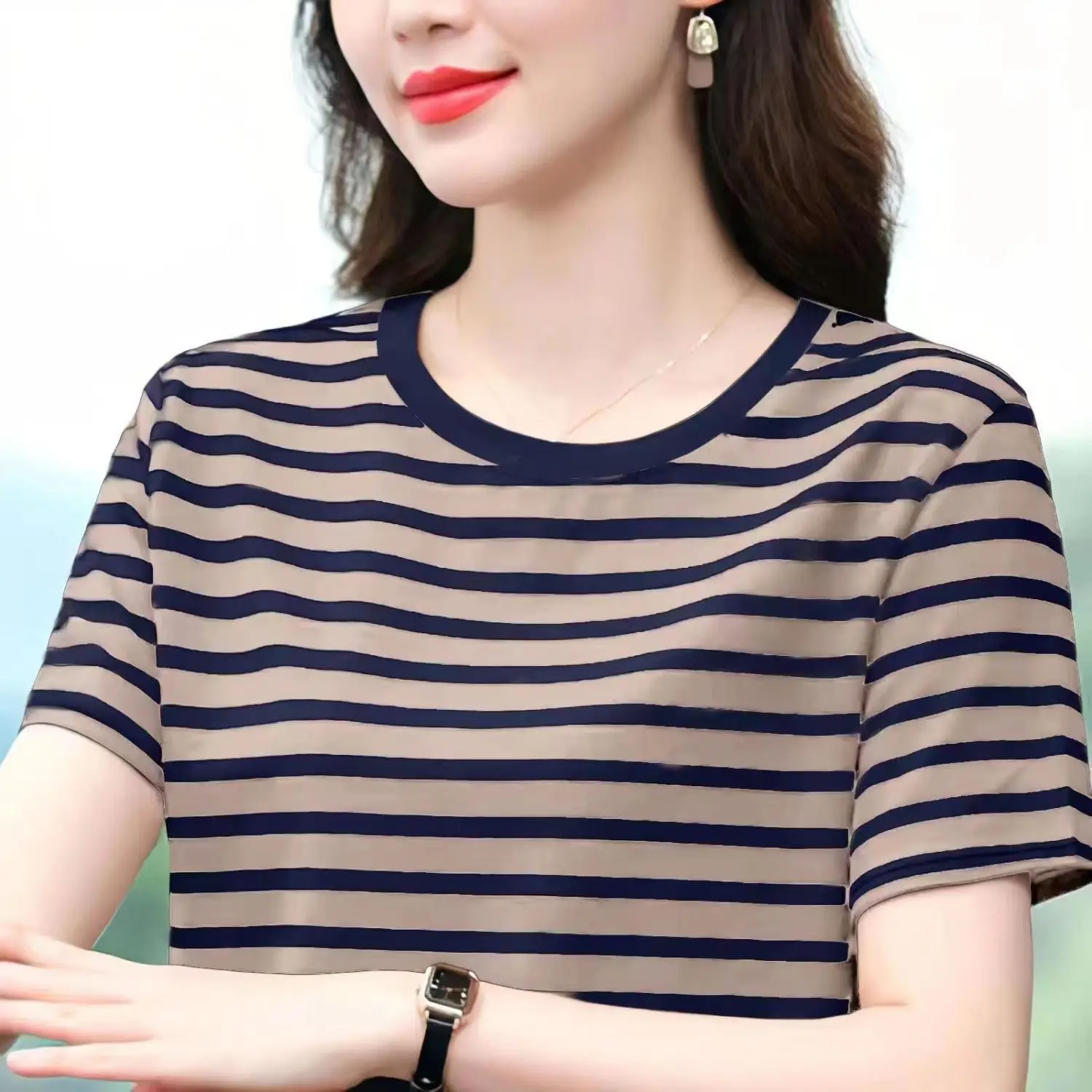 Pure Cotton Striped T-Shirt Blue Light Green Large