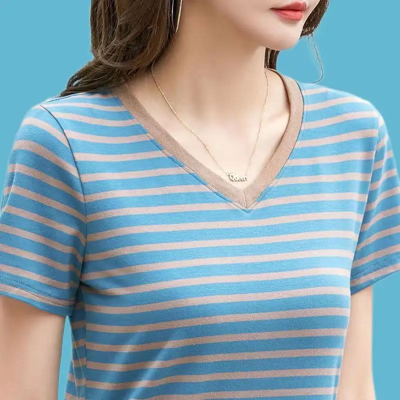 Pure Cotton Striped T-Shirt Blue Light Green Large