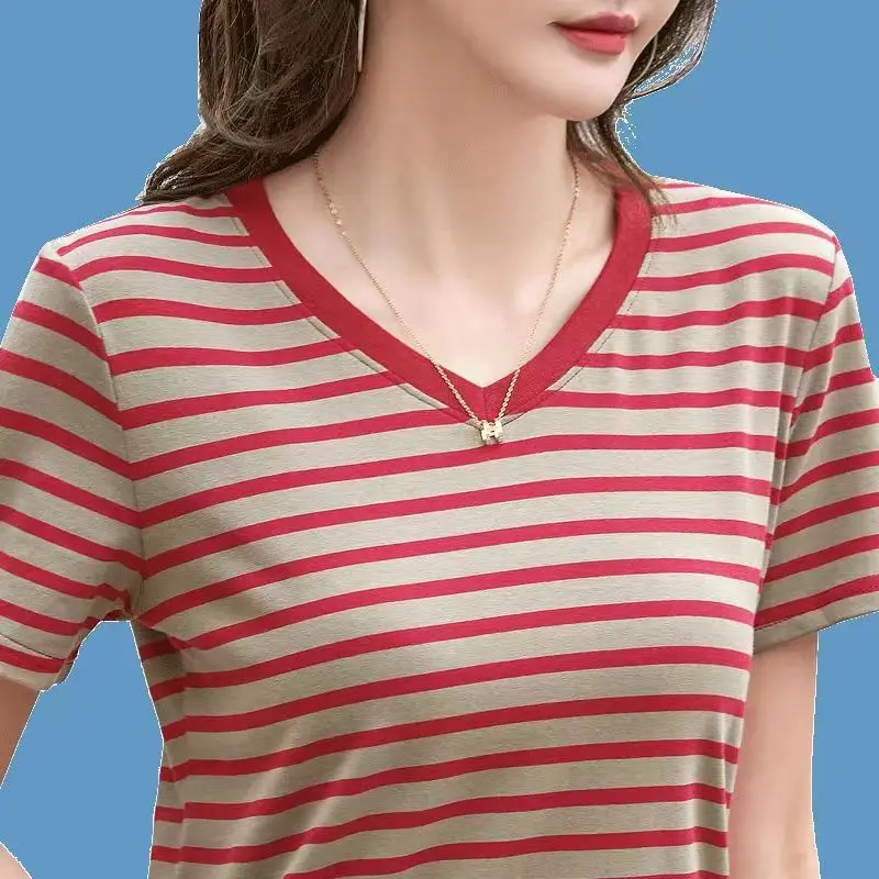 Pure Cotton Striped T-Shirt Blue Light Green Large