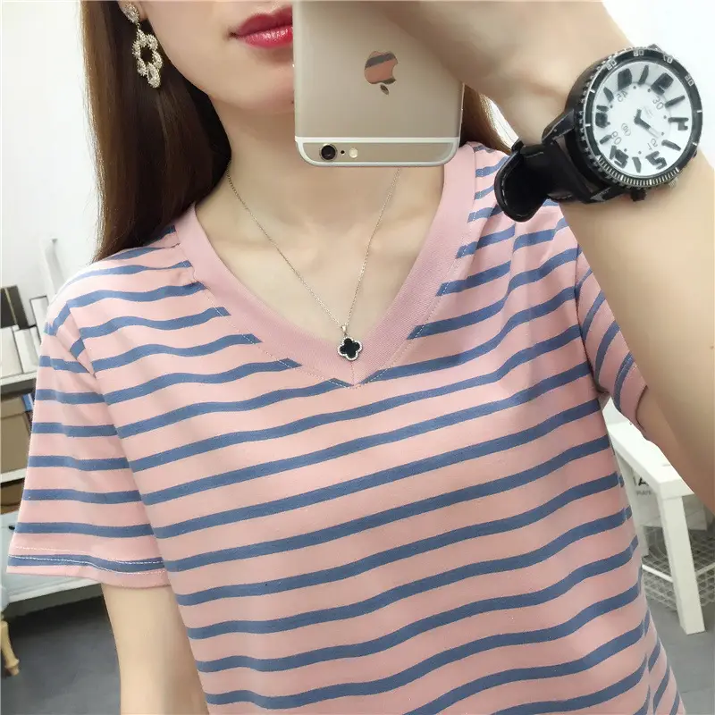 Pure Cotton Striped T-Shirt Blue Light Green Large
