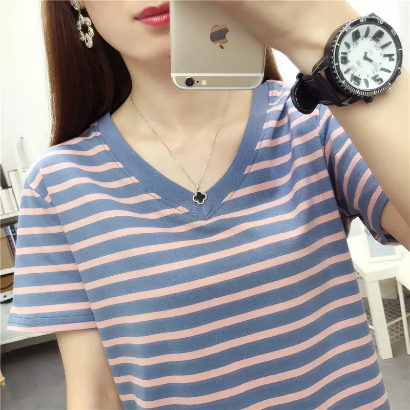 Pure Cotton Striped T-Shirt Blue Light Green Large