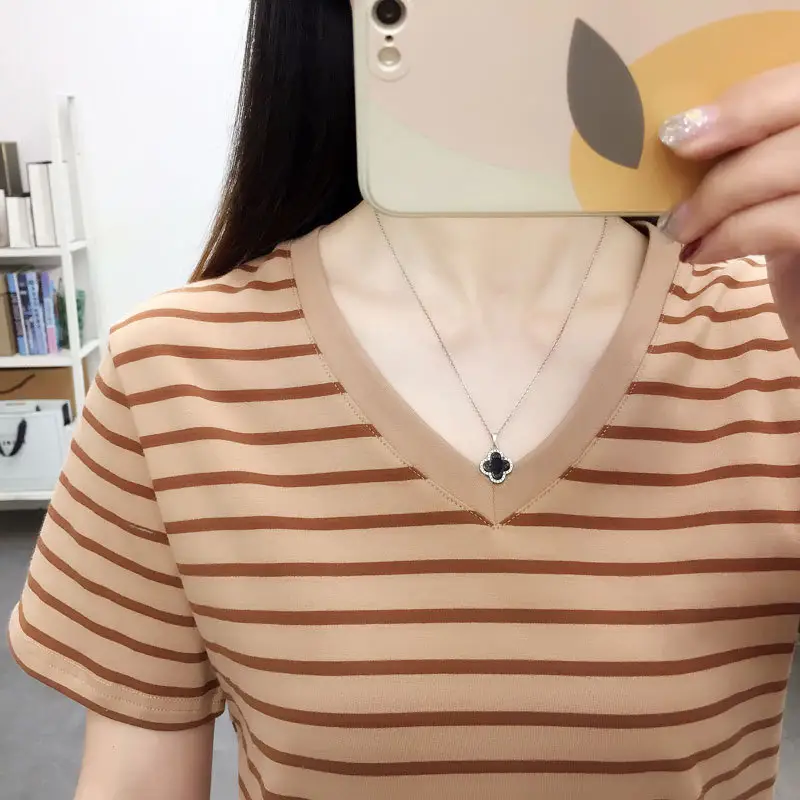 Pure Cotton Striped T-Shirt Blue Light Green Large