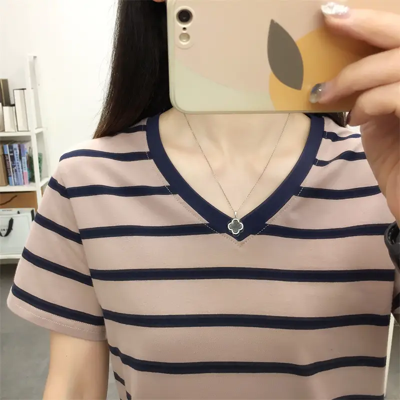 Pure Cotton Striped T-Shirt Blue Light Green Large