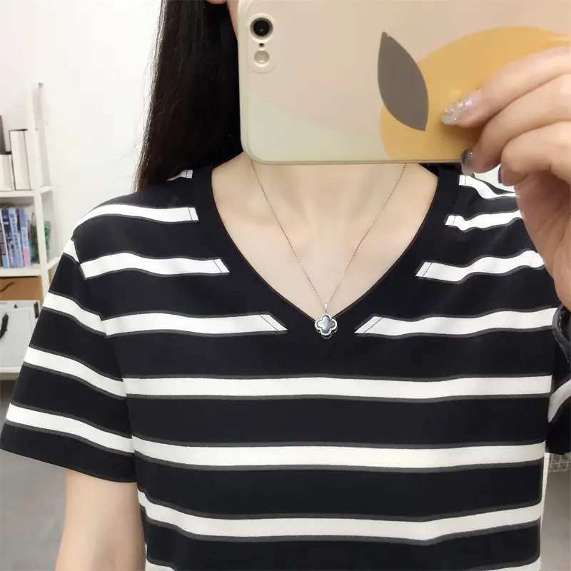 Pure Cotton Striped T-Shirt Blue Light Green Large