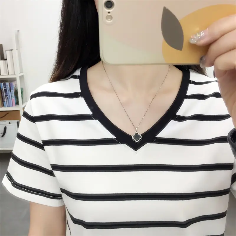 Pure Cotton Striped T-Shirt Blue Light Green Large