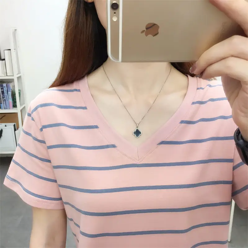 Pure Cotton Striped T-Shirt Blue Light Green Large