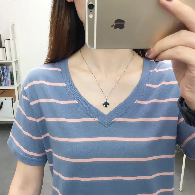 Pure Cotton Striped T-Shirt Blue Light Green Large
