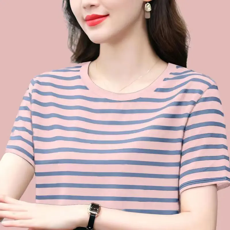 Pure Cotton Striped T-Shirt Blue Light Green Large
