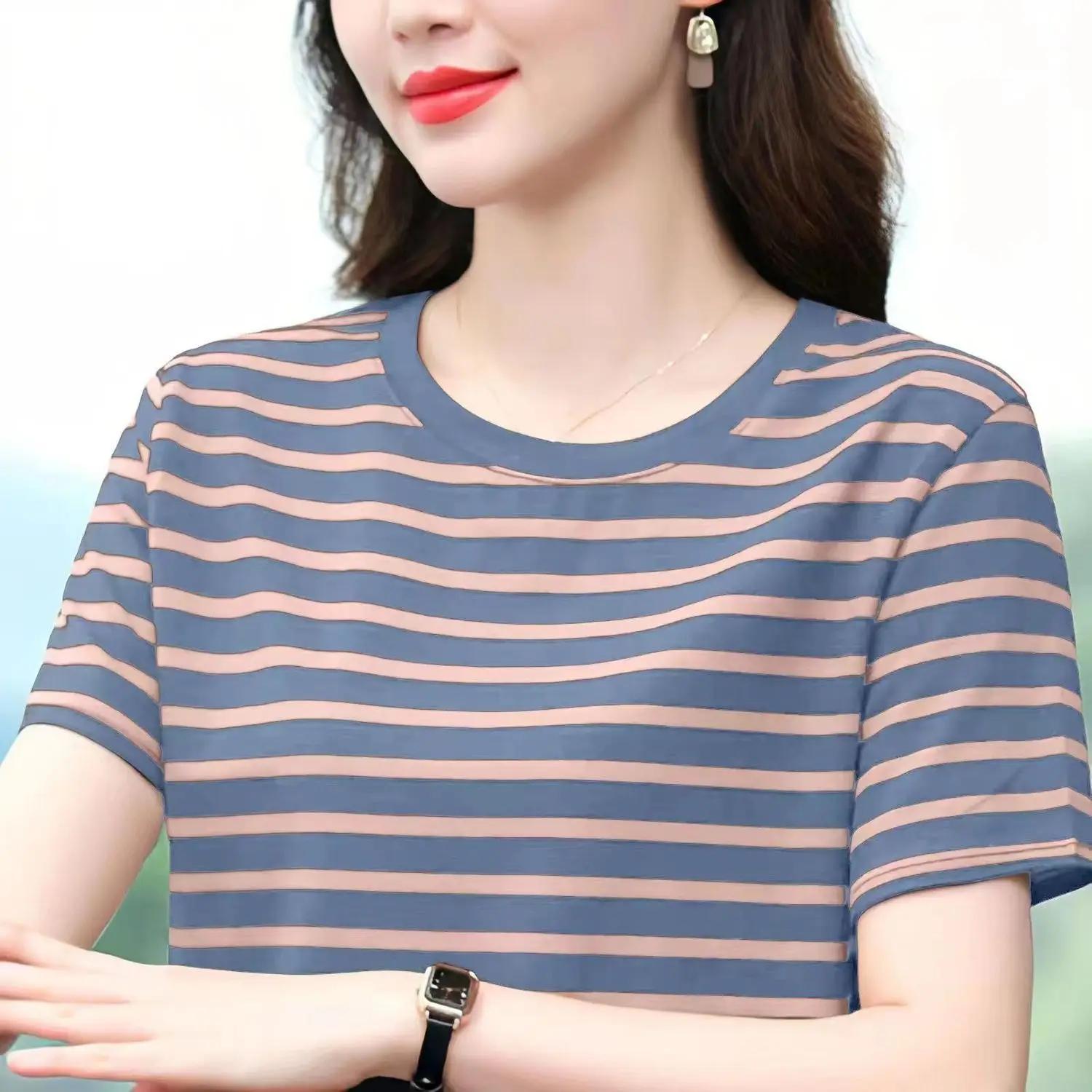 Pure Cotton Striped T-Shirt Blue Light Green Large