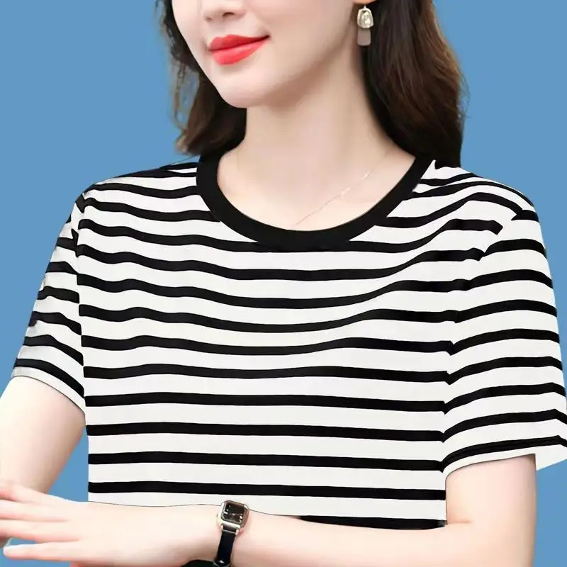 Pure Cotton Striped T-Shirt Blue Light Green Large
