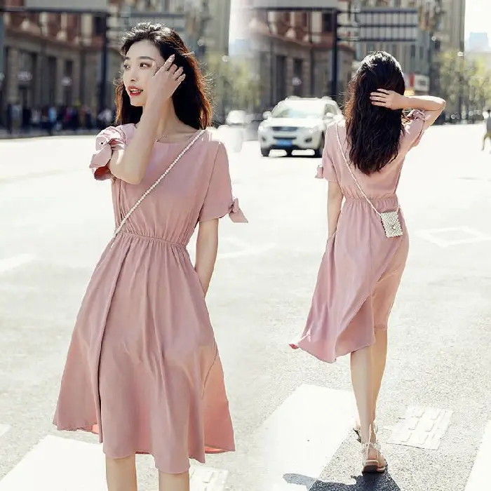 Women's Pink French Dress 2023 Summer Slim Fit