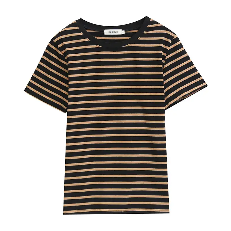Pure Cotton V-Neck Striped T-Shirt Women Summer 2023 - Image 34