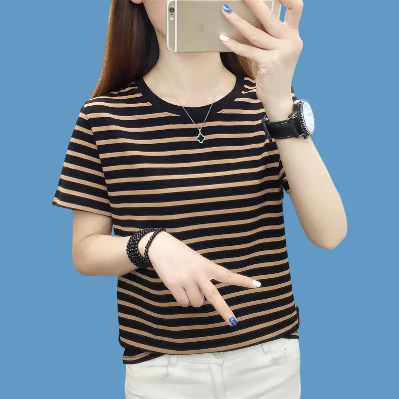 Pure Cotton V-Neck Striped T-Shirt Women Summer 2023 — feature 10
