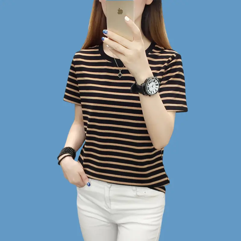 Pure Cotton V-Neck Striped T-Shirt Women Summer 2023 — feature 11