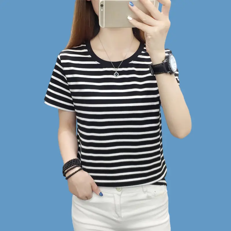 Pure Cotton V-Neck Striped T-Shirt Women Summer 2023 — feature 13