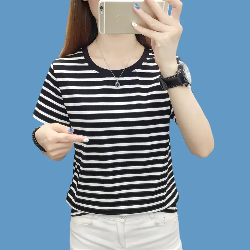 Pure Cotton V-Neck Striped T-Shirt Women Summer 2023 — feature 14