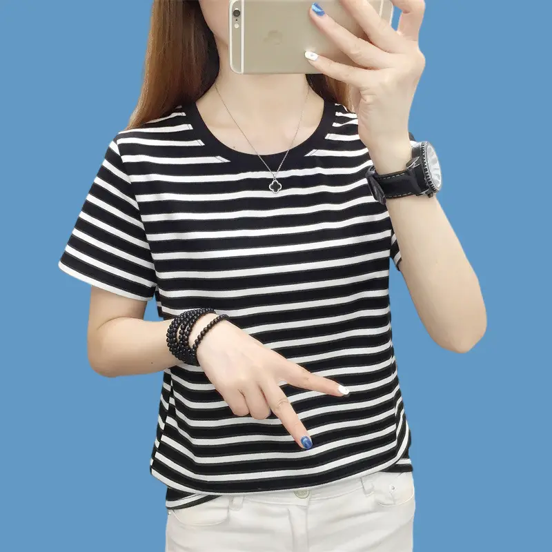 Pure Cotton V-Neck Striped T-Shirt Women Summer 2023 — feature 15