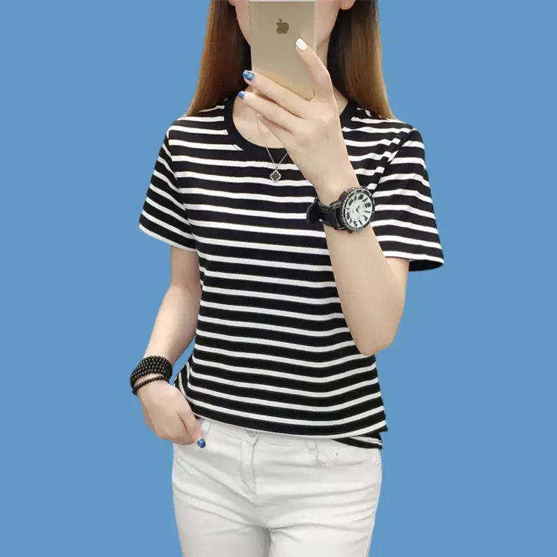 Pure Cotton V-Neck Striped T-Shirt Women Summer 2023 — feature 16
