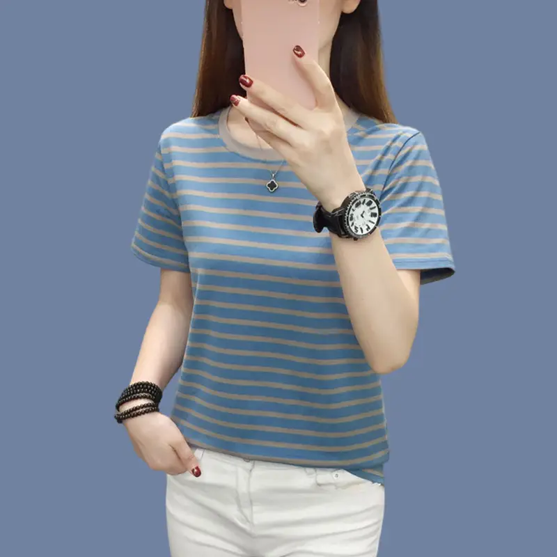 Pure Cotton V-Neck Striped T-Shirt Women Summer 2023 — feature 21