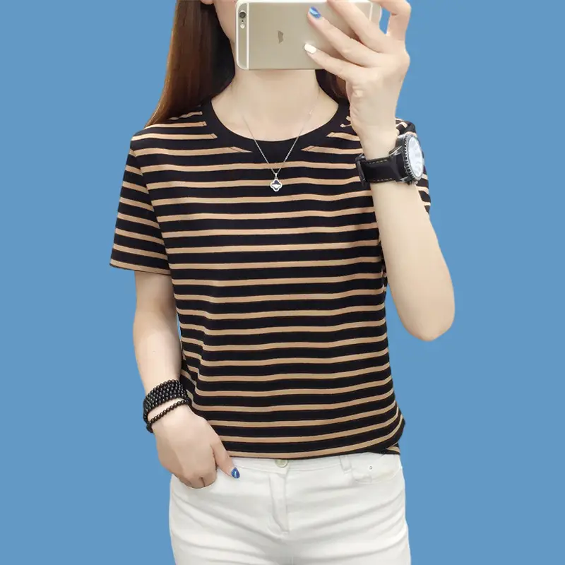 Pure Cotton V-Neck Striped T-Shirt Women Summer 2023 — feature 8