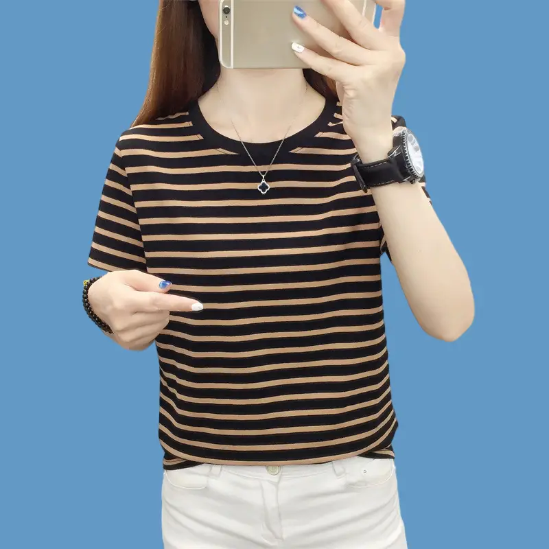 Pure Cotton V-Neck Striped T-Shirt Women Summer 2023 — feature 9
