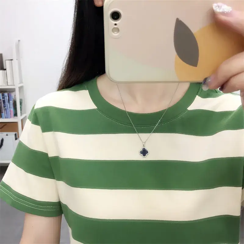 Pure Cotton V-Neck Striped T-Shirt Women Summer 2023 - Image 11