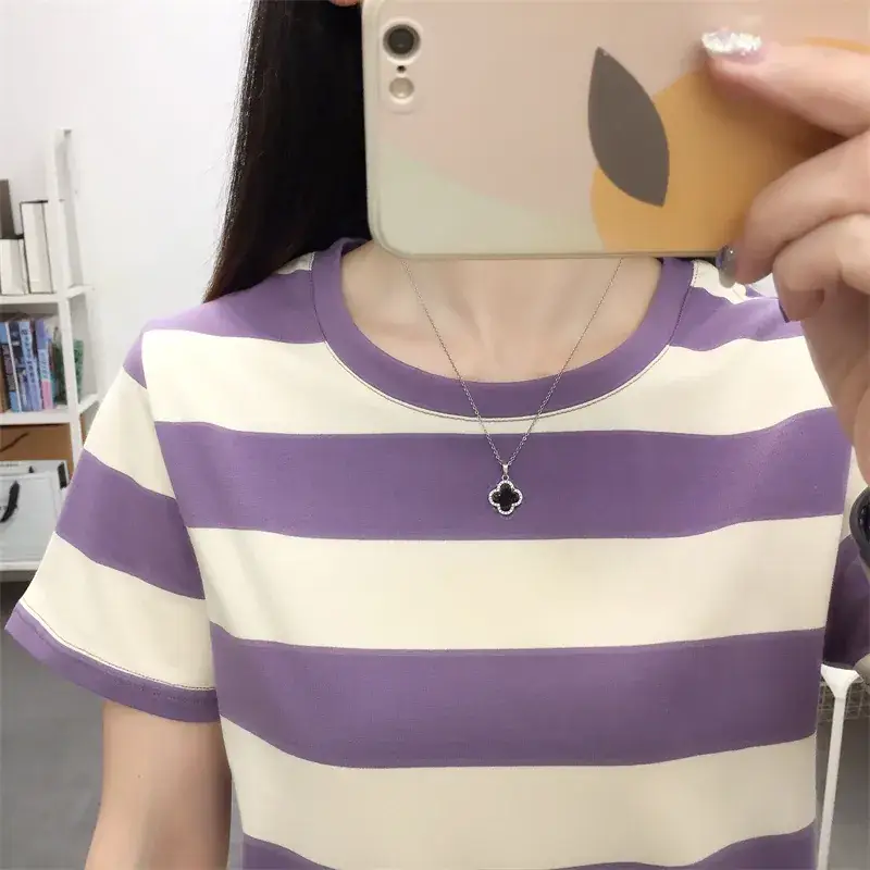 Pure Cotton V-Neck Striped T-Shirt Women Summer 2023 - Image 12