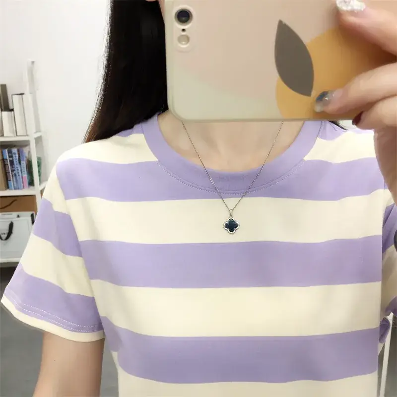 Pure Cotton V-Neck Striped T-Shirt Women Summer 2023 - Image 13