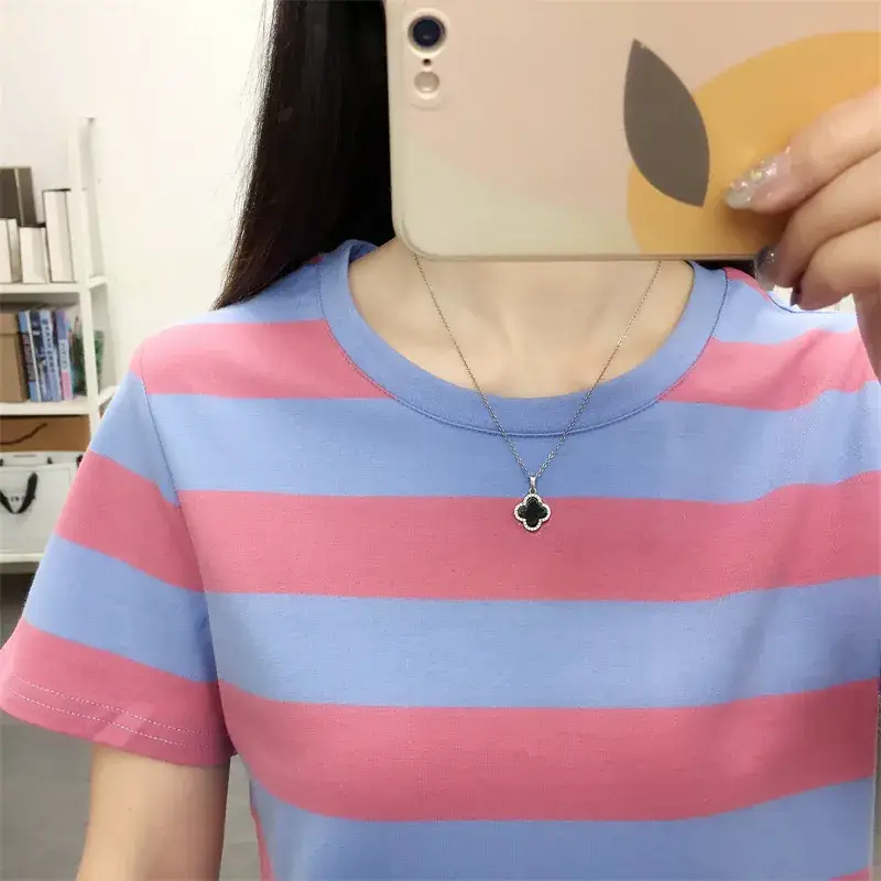 Pure Cotton V-Neck Striped T-Shirt Women Summer 2023 - Image 14