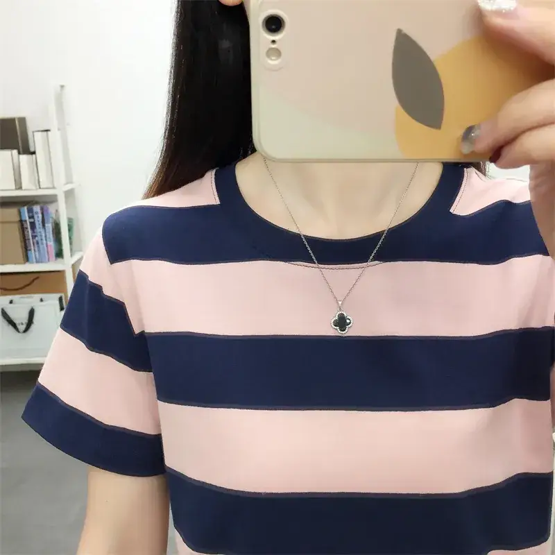 Pure Cotton V-Neck Striped T-Shirt Women Summer 2023 - Image 15