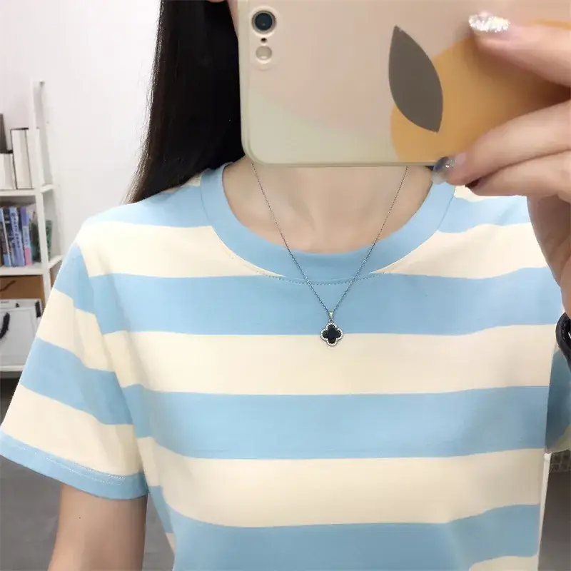 Pure Cotton V-Neck Striped T-Shirt Women Summer 2023 - Image 16