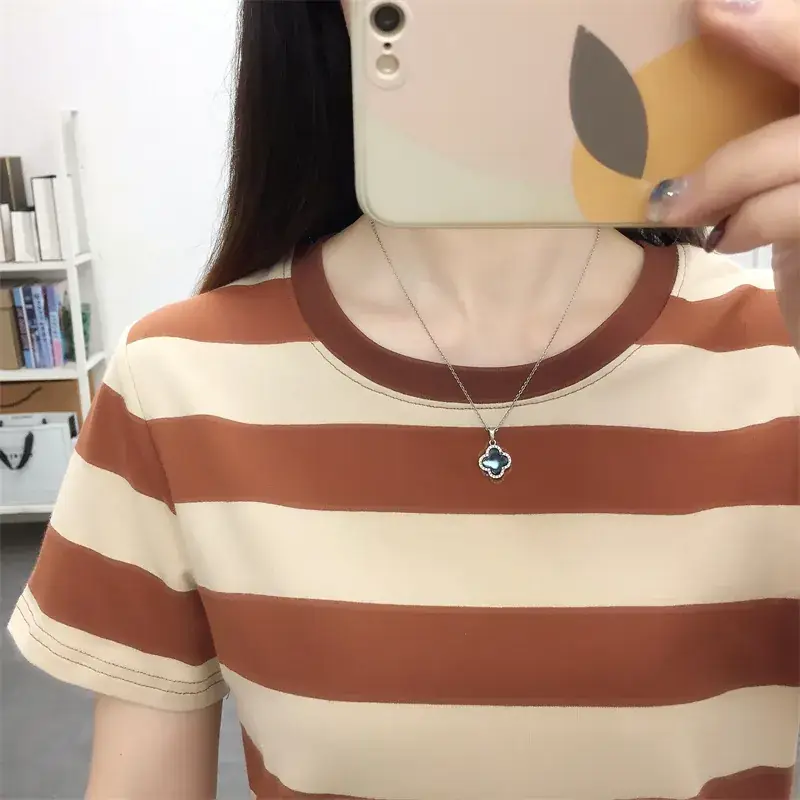 Pure Cotton V-Neck Striped T-Shirt Women Summer 2023 - Image 17